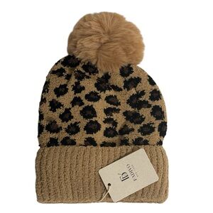 New Brown Leopard Animal Pattern Faux Fur Pom Pom Fleeced a lined Soft Beanie.